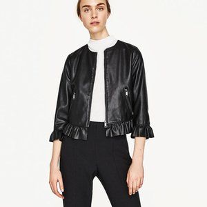 ZARA FAUX LEATHER BLACK FRILL JACKET Large